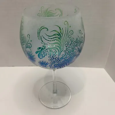 Etched Art Glass Blue & Green Coral 9” Wine Water Goblet • $28