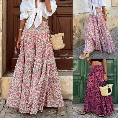 Womens Boho Floral Long Maxi Skirt Ladies High Waist Beach  Swing Long Dress UK • £13.59