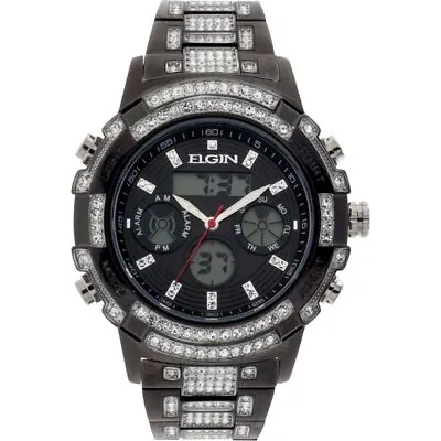 Mens Elgin Luxury Iced Simulated Diamond Anlog Digital Stainless Steel Watch • $59.99