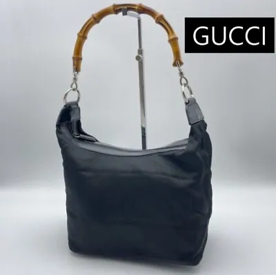 Authentic GUCCI Vintage Bamboo Shoulder Hand Bag Nylon Leather Black • $95