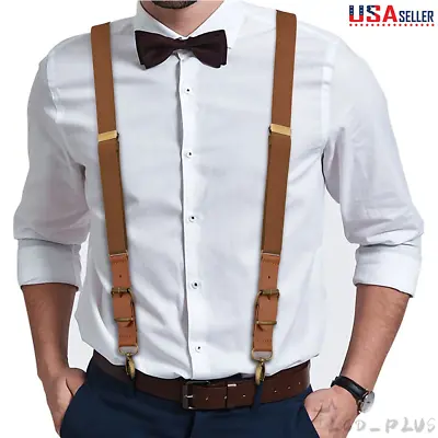 Adjustable Men's Suspenders Leather Elastic Y-Shaped Braces Hooks Pants Braces • $9.48