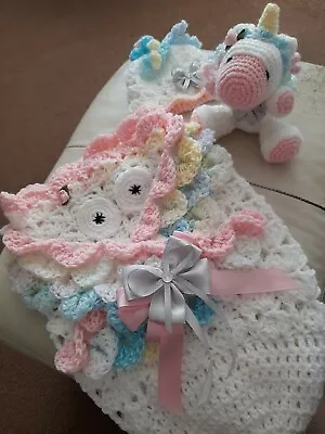 Hand Crochet Baby Reborn Doll Swaddle Blanket Cocoon Unicorn Hugs Gift Set • £28