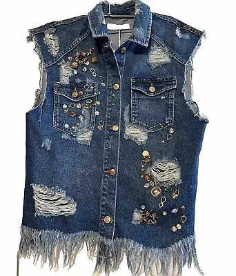 ZARA TRF Denim Wear WOMAN S Embellished Frayed  CROPPED DENIM WAISTCOAT Boho NWT • $48.40