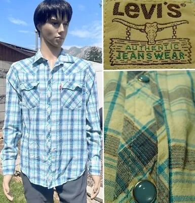 Vintage LEVI'S Longhorn Western Shirt Blue Pearl Snap Plaid Long Sleeve Cotton L • $33.30