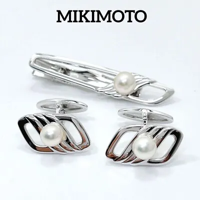 Mikimoto Akoya Pearl Cufflinks & Tie Bar Set With Case AUTHENTIC Men's • $149