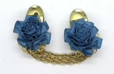 Vintage Gold Tone Sweater Clip Soft Cloth Blue Flowers • $10