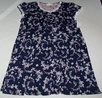 NWT Miss Elaine NAVY/WHITE/PURPLE FLORAL Soft Knit 38  Nightgown 2X LACE TRIM • $34.99