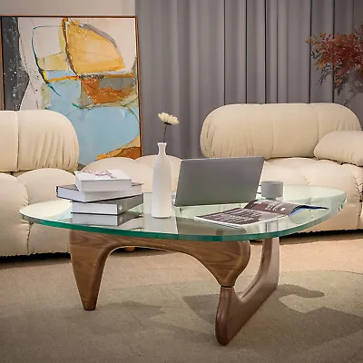 Mid-Century Modern 0.78  Glass Coffee Table Noguchi Coffee Table Wood Base  • $439