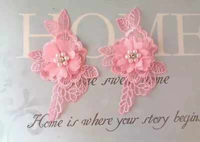  2  Pink Lace Applique Flower 5 Inches X 2.5 Inches • £2