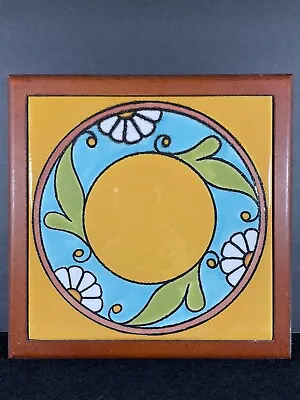 Vintage Eduardo Vega Artesa Ecuador Hand Painted Tile Framed Floral Yellow Blue • $48