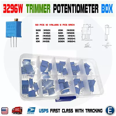 50pcs 10 Value New 3296W Multiturn Variable Resistor Trimmer Potentiometer Kit • $9.34