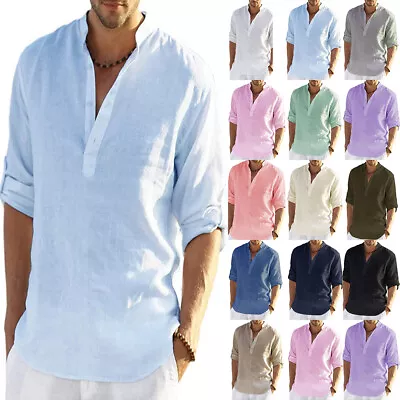 £2.89 • Buy Mens Solid Linen Shirts Cotton Casual Loose Summer Beach T Shirt Blouse Top Size