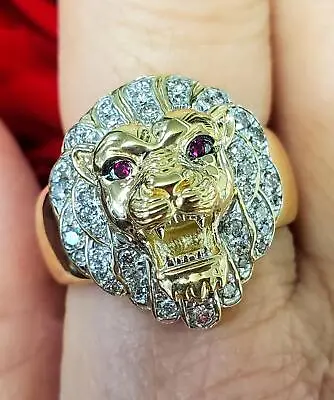 Mens .50ct Diamond & Ruby Lion Ring In 10k Yellow Gold • $1485