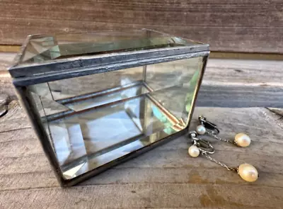 Vintage Beveled Glass Mirror Hinged Handmade Jewelry Trinket Box With Extras • $32