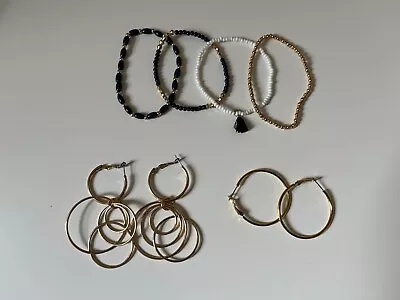 Fashion Jewellery 2x H&M Pairs Gold Brass Hoops 4x Beaded Bracelets Accessorize • £4