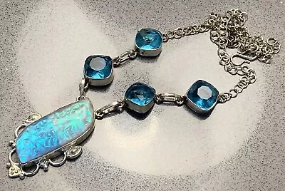 Vintage Sterling Silver 925 Blue Topaz Dichroic Glass Opal Mexico Necklace 26g • $165