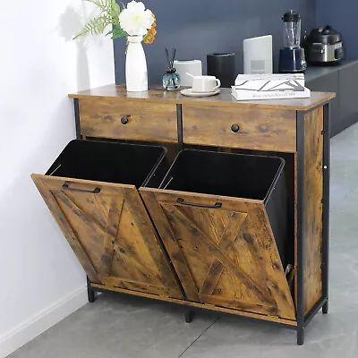 Double Tilt Out Trash Can Cabinet 20 Gallon Kitchen Storage Can Holder W/ Drawer • $153.99