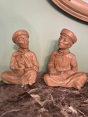 Vintage PAIR 1958 Asian Chalkware Statue Tan Bookends UNIVERSAL STATUARY CORP  • $28