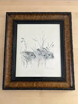 Vintage Denmark European Hare Baby Bunnies Framed Matted Print Signed Mads Stage • $47.95