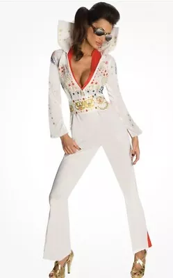Elvis Adult Costume Woman SIZE SMALL White Jumpsuit W/ Attached Scarf & Belt • $19.99