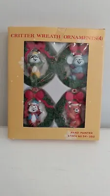 Vintage Critter Wreath Ornaments Set Of 4 Hand Painted Tiger Bear Mouse Racoon • $8