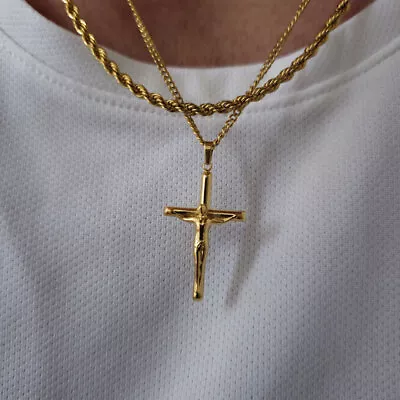 Gold Crucifix Necklace Set Mens Necklace Gold Cross Necklace Jesus Pendant • £25