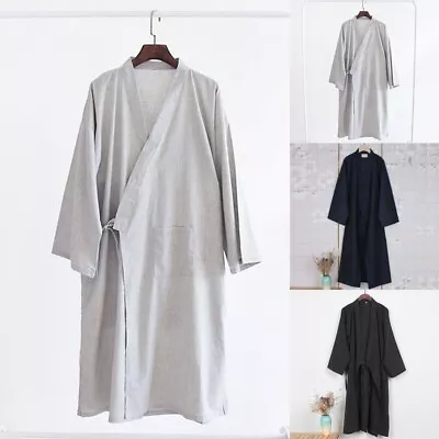 Men's Casual Cotton Japanese Kimono Yukata Robe Long Bathrobe With Belt • £20.10