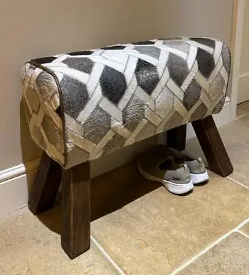 Grey Cowhide Hair On Leather Bench - Pommel Horse Wood Legs - Geometric Pattern • £219