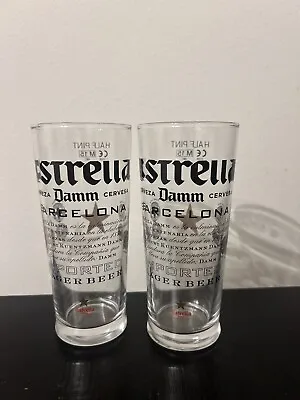 2x Estrella Damm Half Pint 10oz Beer Glass Laser Nucleated Barcelona Spain M20 • £4.19