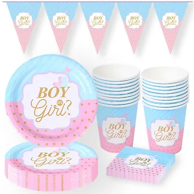 Baby Shower Gender Reveal Party Tableware For 16 - Plates Cups Napkins Bunting • £10.99