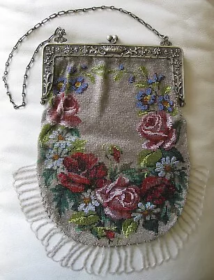 Antique Silver Flower Basket Frame Rose Floral Micro Bead Fringe Purse • $125