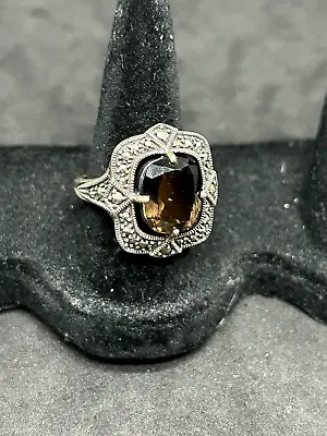 925 Sterling Silver Citrine Marcasite Ring Sz 7.5 - 8.88g • $67.49