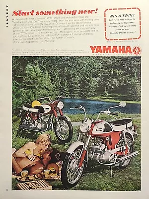 Yamaha Motorcycle Twin Jet 100 Mountain Lake Picnic Couple Vintage Print Ad 1967 • $16.77