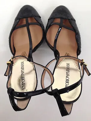 £325 • Buy Emporio Armani Heels Gold Tone Black Sequinned Closed Toe Shoes Size UK 5 EU 38
