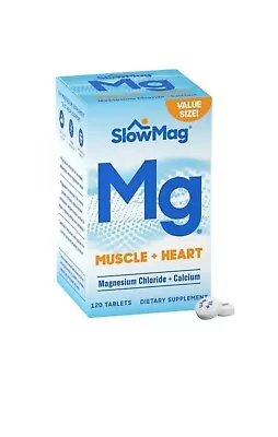 Slowmag Mg Muscle + Heart Magnesium Chloride + Calcium.  120 Count. Exp:08/2025 • $30