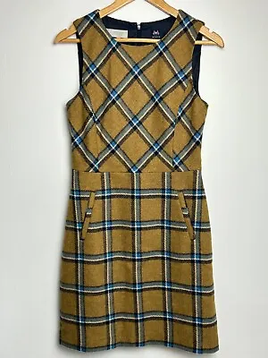 HOBBS Tweed Pinafore Camel & Blue Check Tartan 100% Wool Dress Size  UK 10 • £35.99