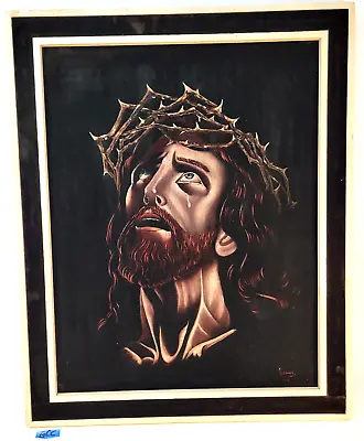 Vintage 70's Jesus Christ Crown Of Thorns Oil On Black Velvet Painting Framed • $200