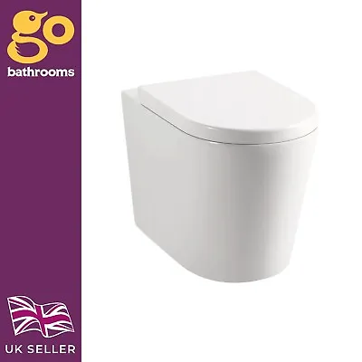 Back To Wall Toilet Round Ceramic Modern Bathroom BTW WC Pan Soft Close Seat • £204.97