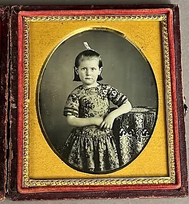 1/6 Plate Daguerreotype Cute Young Girl W/ Bow On Her Head + Fancy Print Dress • $36