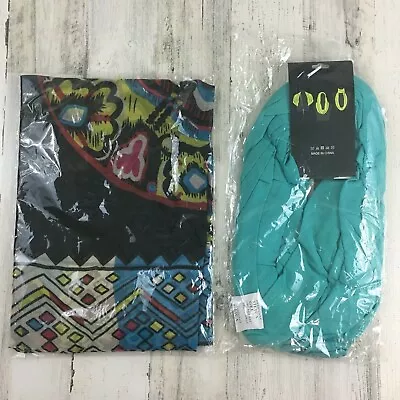 Lot Of 2 Scarves Teal Green Infinity Scarf Black Pattern NEW • $8.49