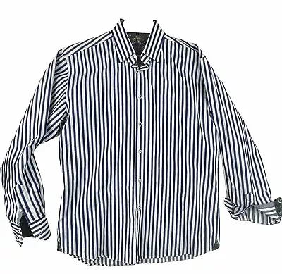 Visconti Black Shirt Mens Large White Blue Black Stripe Flip Cuff Paisley • $17.95