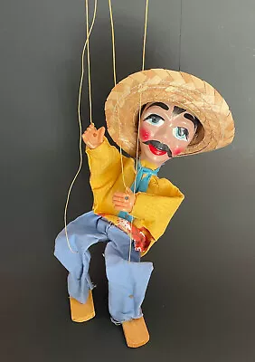 Vtg. Handpainted 15  Mexican Folk Art String Puppet Marionette Man W/ Sombrero • $11