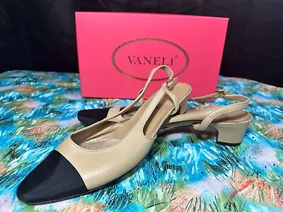 VanEli DELLE Roccia Asti/ Beige Leather Black Toe Slingback Heels - Sz. 10 M • $19.99