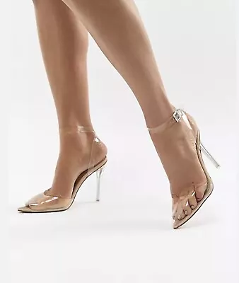 £24 • Buy Missguided Nude Clear Ankle Strap Pointed Court Shoes Size 8 UK Fits 7 UK NEW