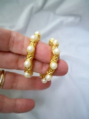 Vintage Faux Pearl Gold Tone Filigree Large Hoop Pierced Earrings • $7.85