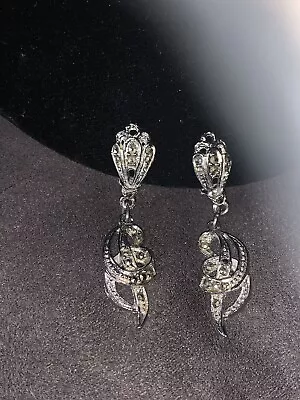 Vintage Marcasite Earrings Clip Earrings Drop Silver Tone 1950s ? Gorgeous • £15