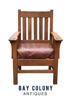 Antique Arts & Crafts / Mission Oak Armchair With Leather Seat • $1512