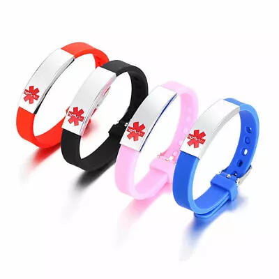 Medical Alert ID Bracelet Silicone Wristband Laser Engraving Personalized Gift • £1.19