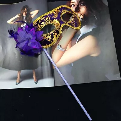 Halloween Party Venetian Masquerade Eye Mask On Stick Mardi Prom Costume Party • £6.60