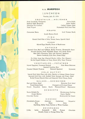 July 22 1958 To Hawaii Matson Lines SS Mariposa Luncheon Menu Hawaiian Fish • $5.99